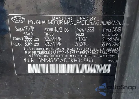 2019 Hyundai Santa Fe Sel z USA, uszkodzony, nr VIN 5NMS3CAD0KH043310